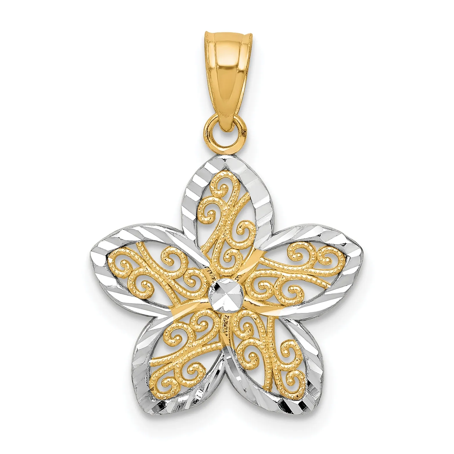 10K Yellow Gold Rhodium Filigree Flower Charm Polished & Elegant Design