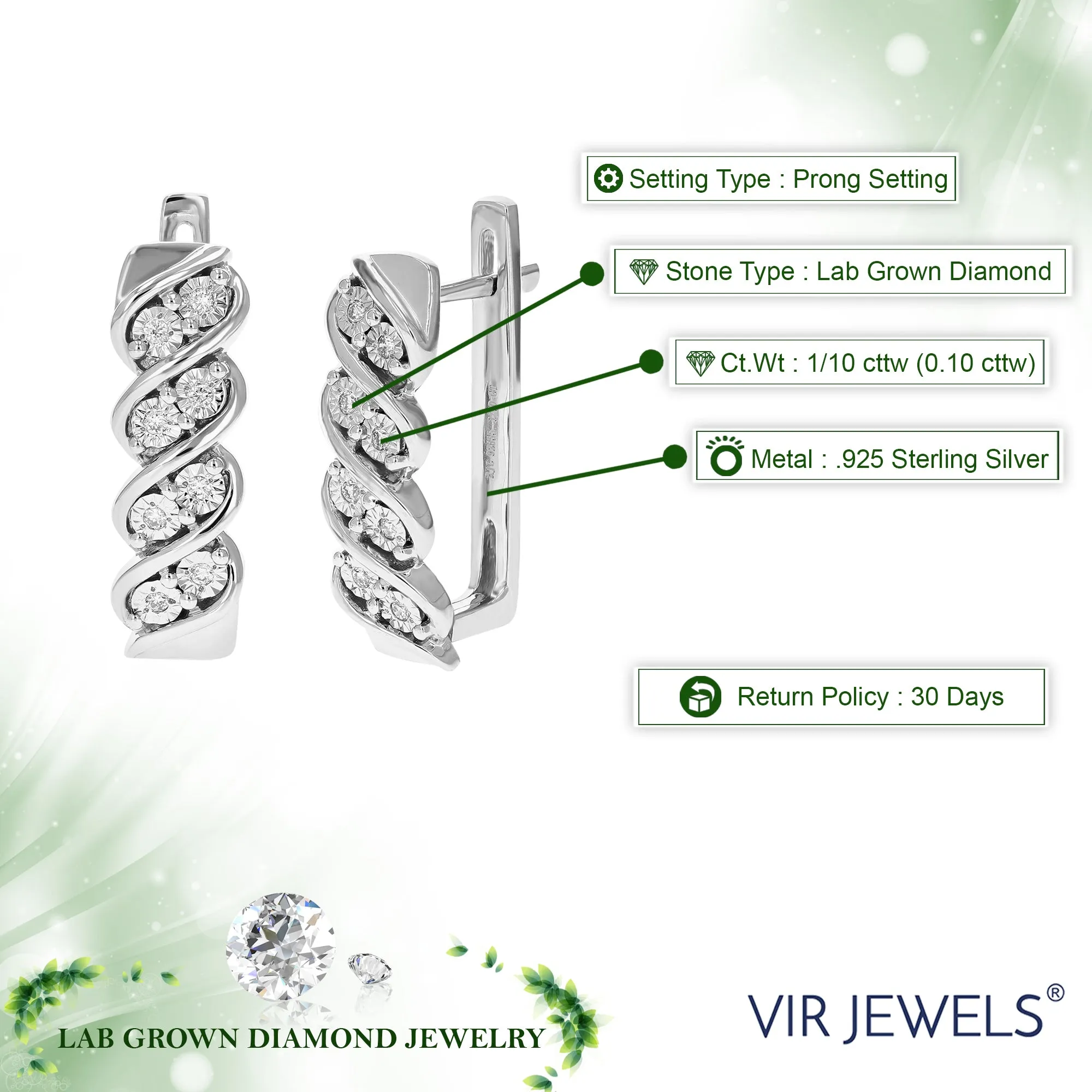 1/10 cttw Lab Grown Diamond Spiral Hoop Earrings in Sterling Silver