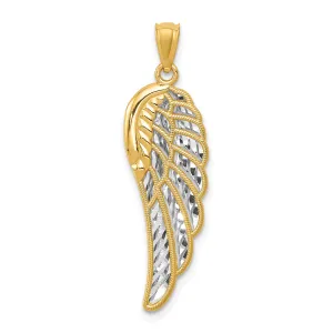 14K Gold and Rhodium Angel Wing Pendant with 3D Diamond-Cut Detailing