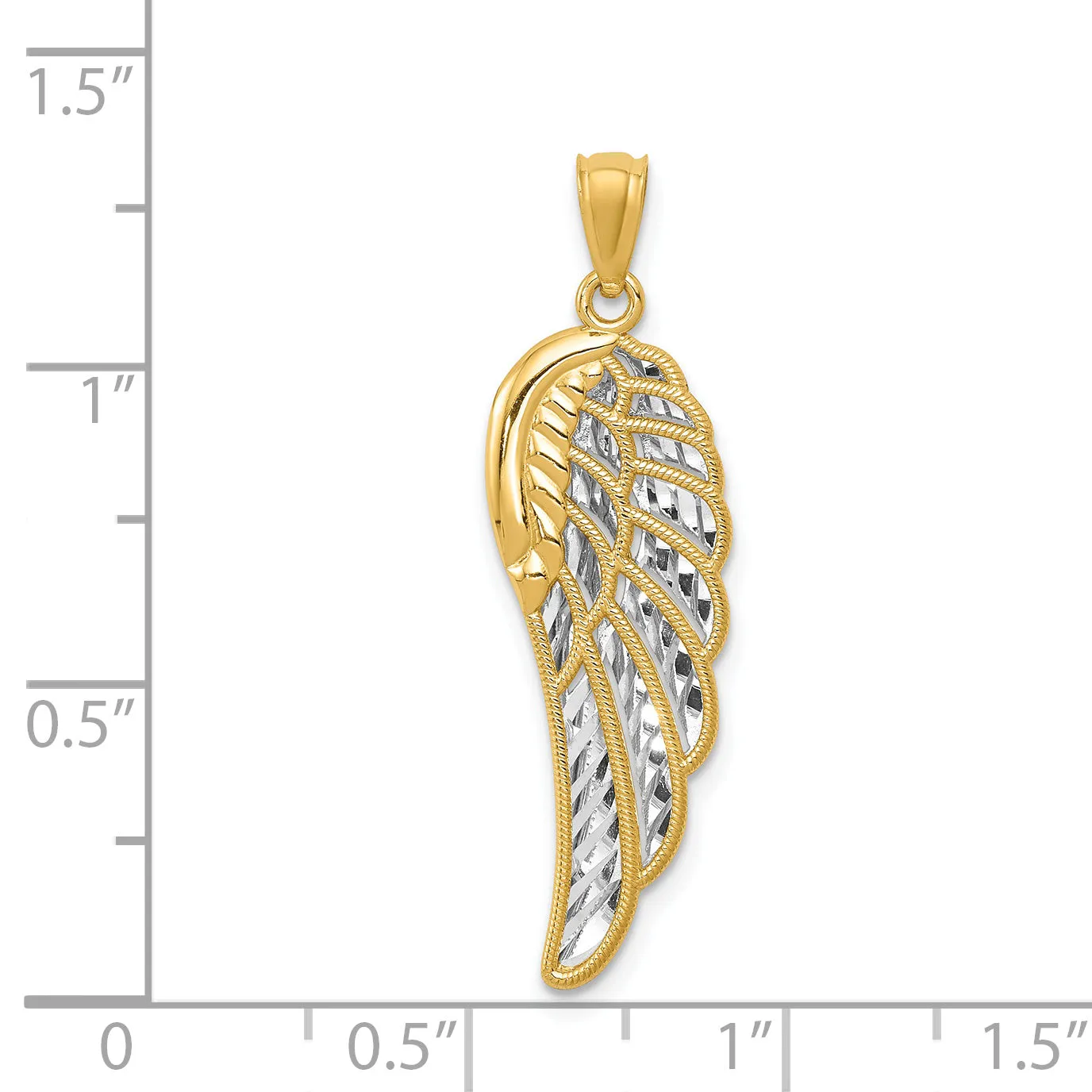 14K Gold and Rhodium Angel Wing Pendant with 3D Diamond-Cut Detailing