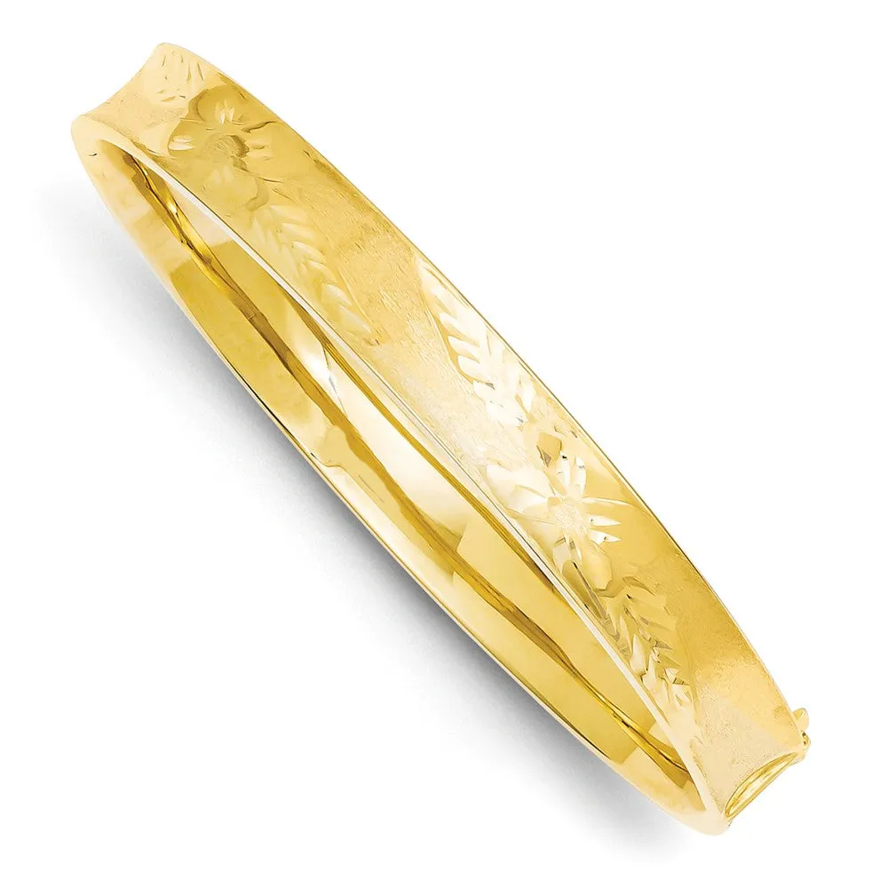 14K Gold Diamond-Cut Hinged Bangle Bracelet with Safety Bar