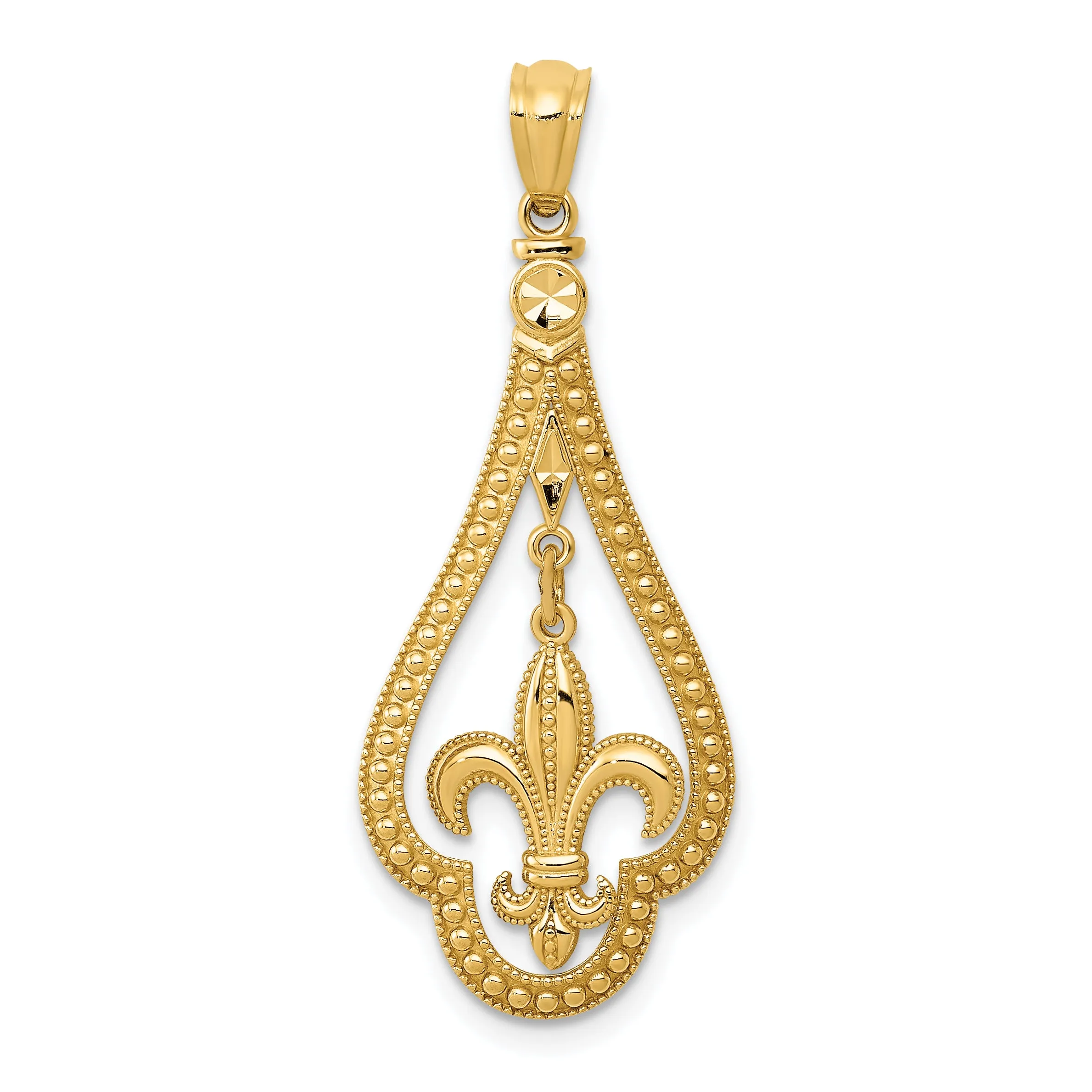 14K Gold Diamond-Cut Polished Fleur de Lis Dangle Pendant  Elegant, Moveable Design