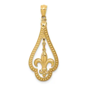 14K Gold Diamond-Cut Polished Fleur de Lis Dangle Pendant  Elegant, Moveable Design