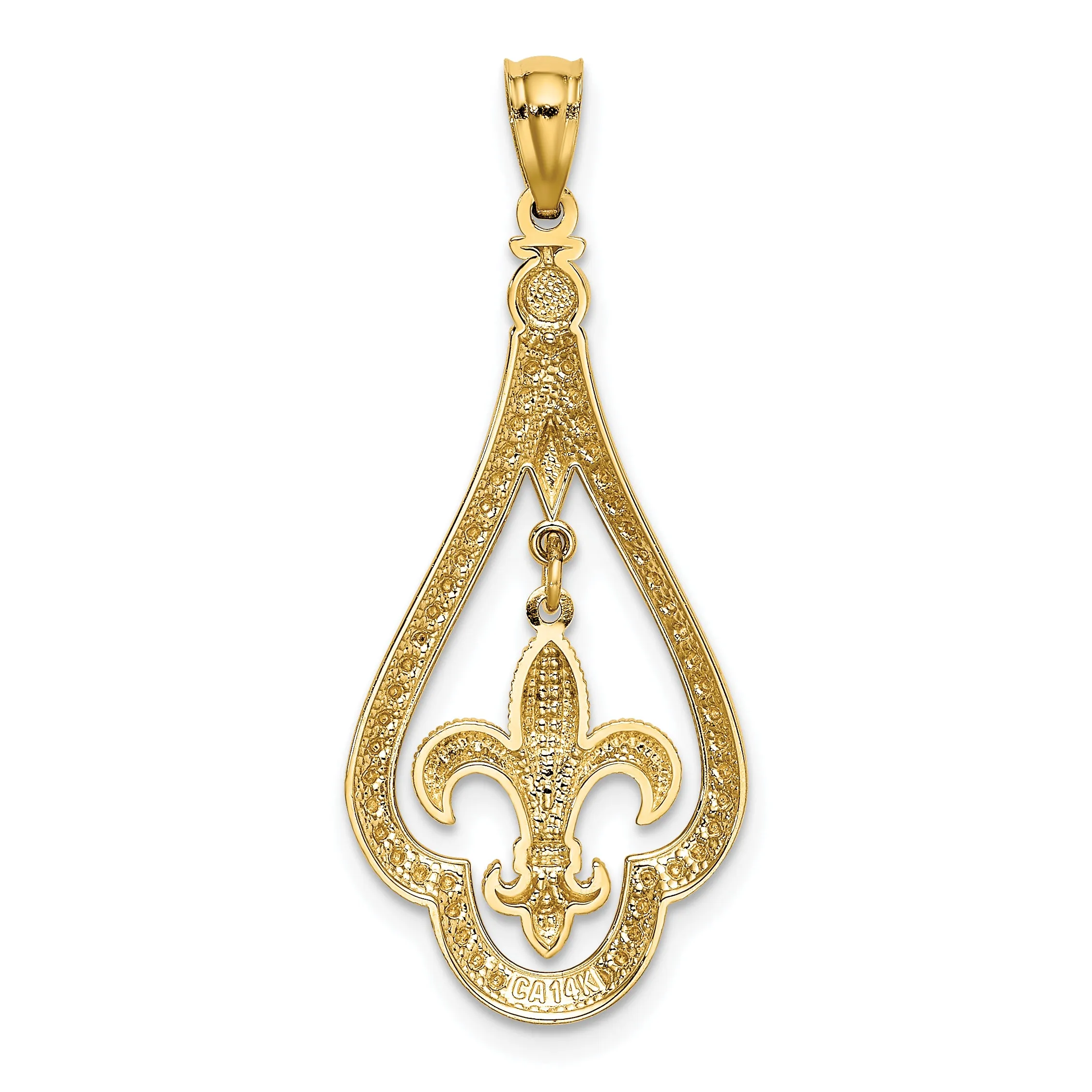 14K Gold Diamond-Cut Polished Fleur de Lis Dangle Pendant  Elegant, Moveable Design