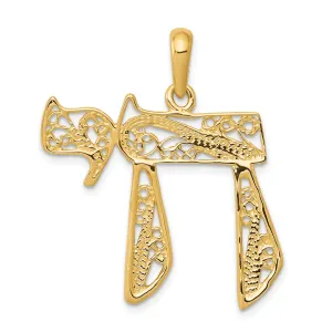 14K Gold Filigree Chai Pendant with Polished Finish, Elegant and Solid Design