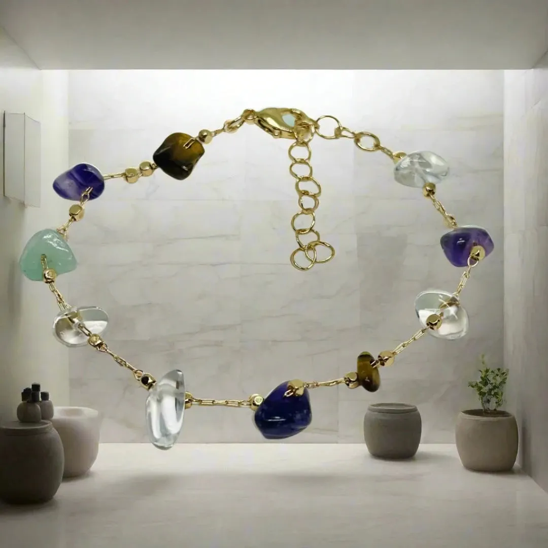 14K Gold Plated, Natural Stone Beaded Bracelet