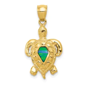 14K Gold Polished Blue Opal Turtle Pendant  Elegant, Lab-Created Gem