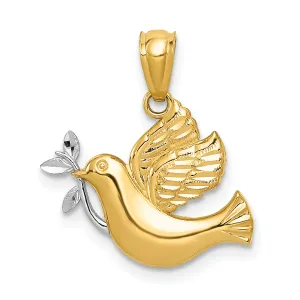 14K Gold Rhodium Polished Dove Pendant with Olive Branch  Elegant Symbol of Peace