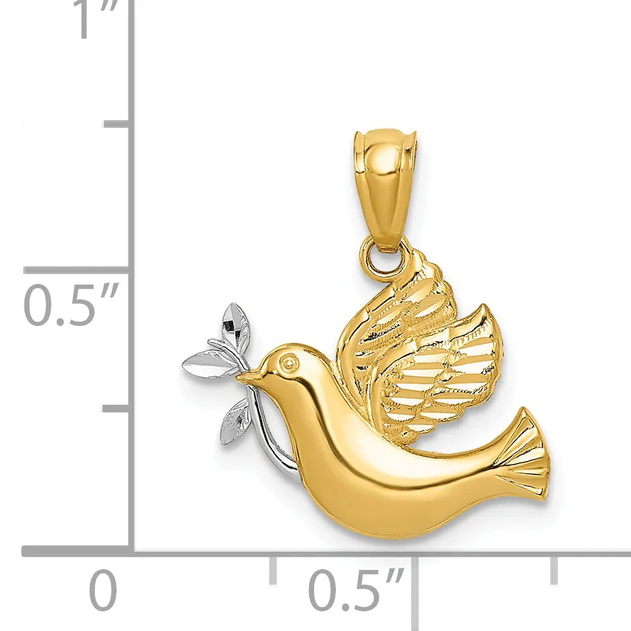 14K Gold Rhodium Polished Dove Pendant with Olive Branch  Elegant Symbol of Peace