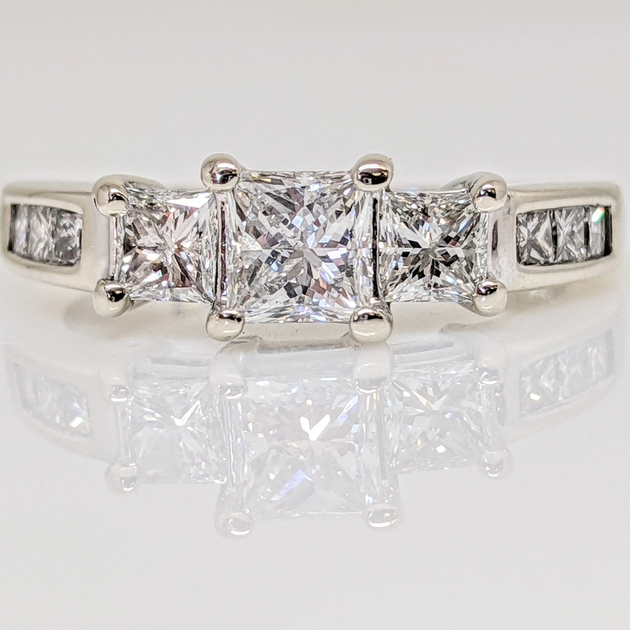 14K WHITE 1.08 CARAT TOTAL WEIGHT SI1 H DIAMOND PRINCESS CUT (9) TRINITY ESTATE RING 3.5 GRAMS