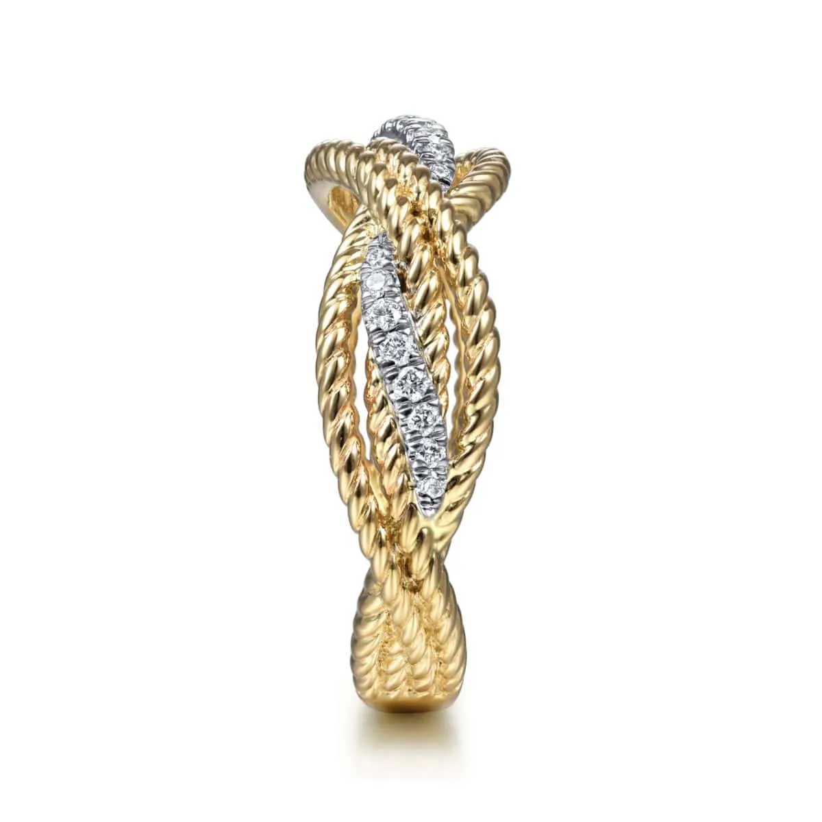 14K White-Yellow Gold Twisted Rope and Diamond Intersecting Ring - LR51732M45JJ