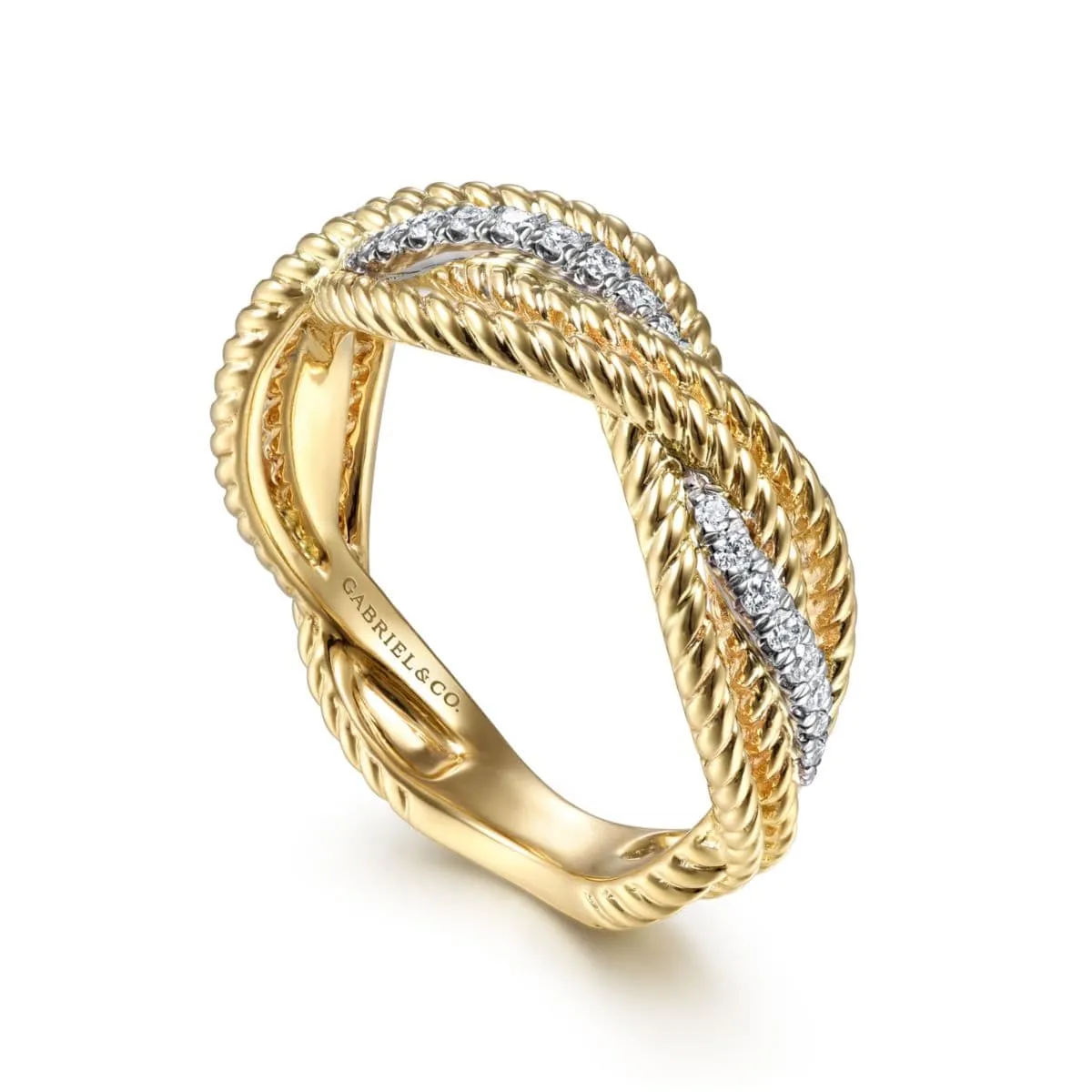 14K White-Yellow Gold Twisted Rope and Diamond Intersecting Ring - LR51732M45JJ