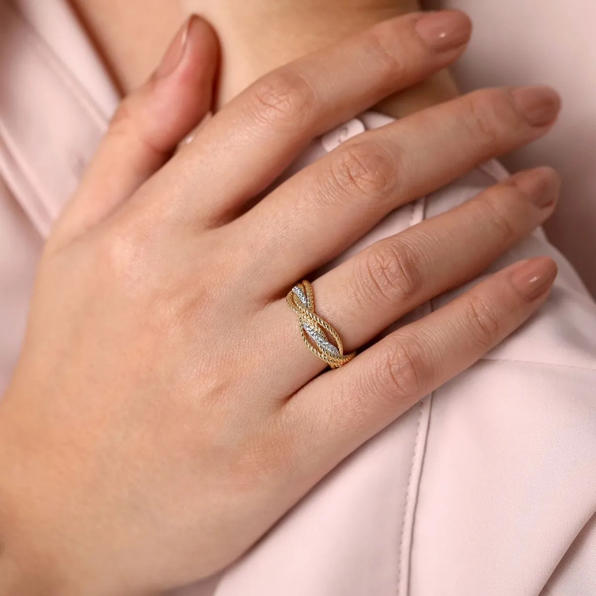 14K White-Yellow Gold Twisted Rope and Diamond Intersecting Ring - LR51732M45JJ