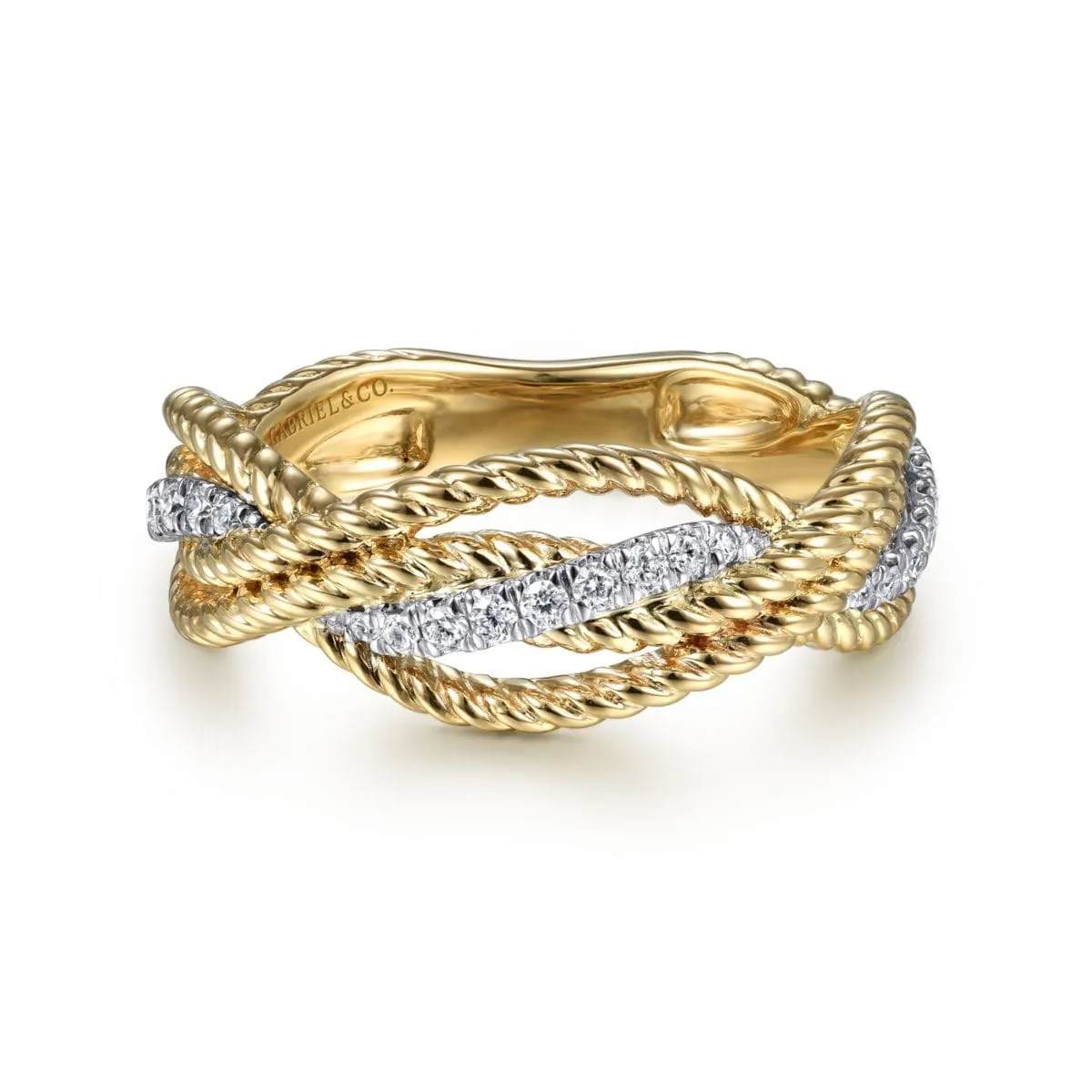 14K White-Yellow Gold Twisted Rope and Diamond Intersecting Ring - LR51732M45JJ