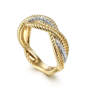 14K White-Yellow Gold Twisted Rope and Diamond Intersecting Ring - LR51732M45JJ