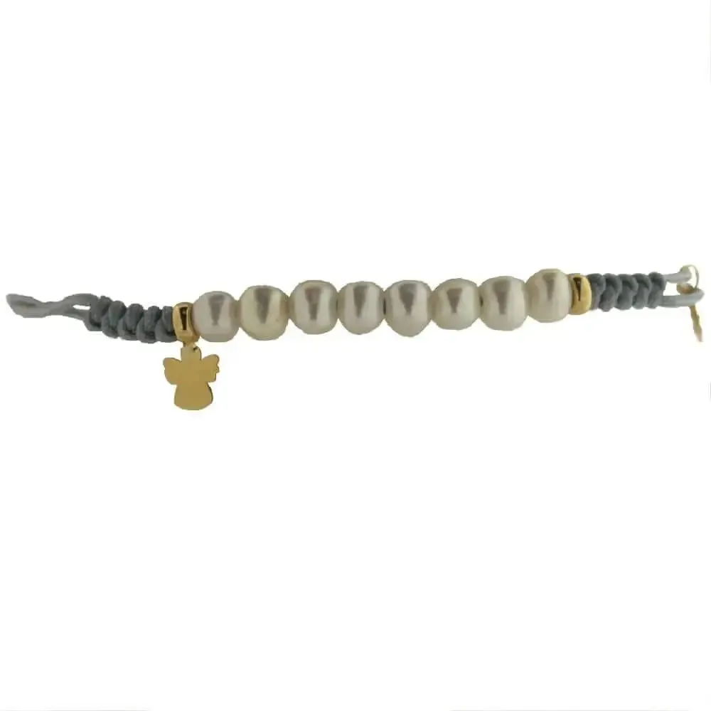18K Solid Yellow Gold Angel and Pearls Grey Macrame Bracelet 