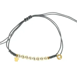 18K Solid Yellow Gold Angel and Pearls Grey Macrame Bracelet 