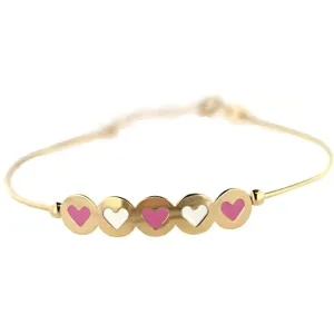 18K Yellow Gold Pink and White Enamel Hearts Bangle Bracelet