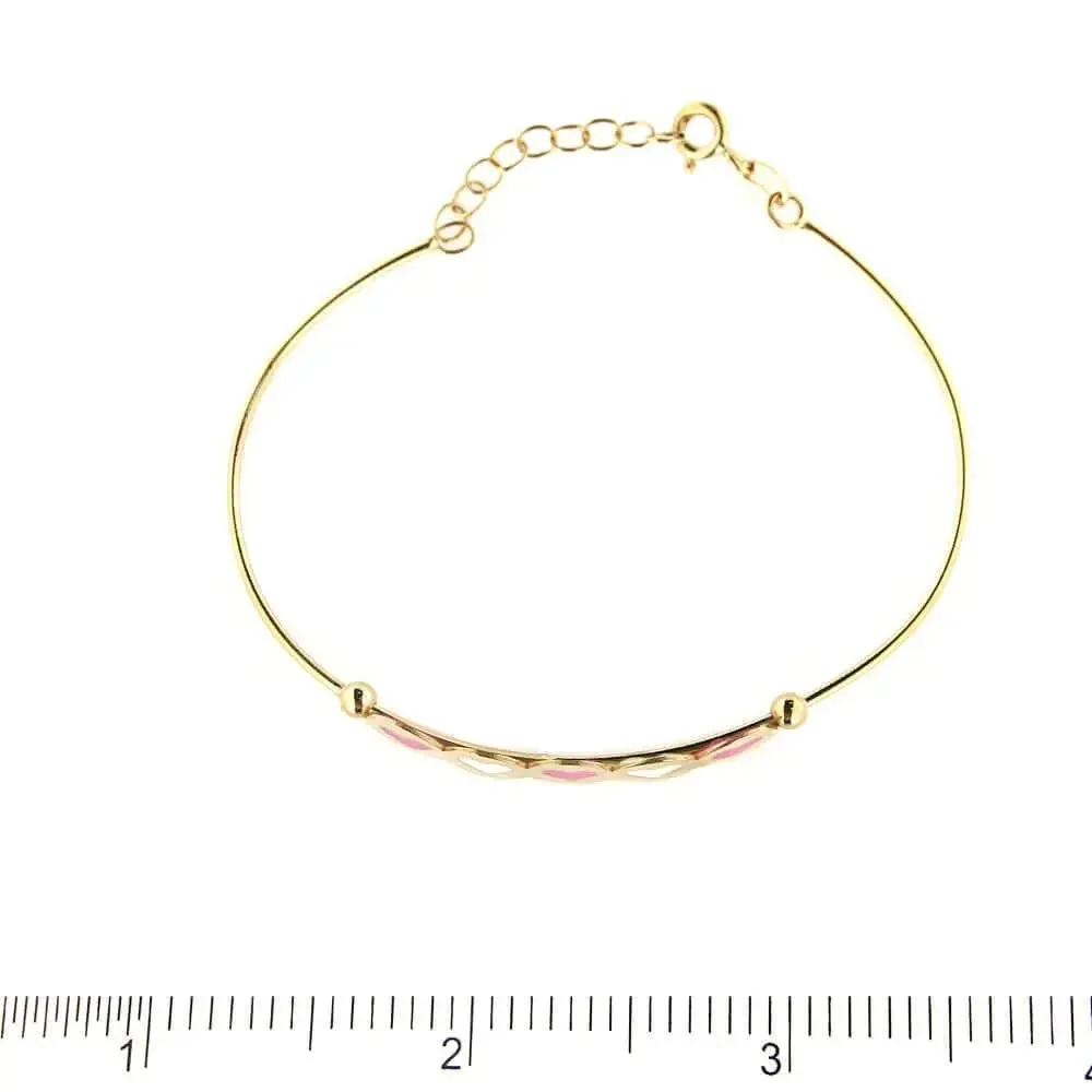 18K Yellow Gold Pink and White Enamel Hearts Bangle Bracelet