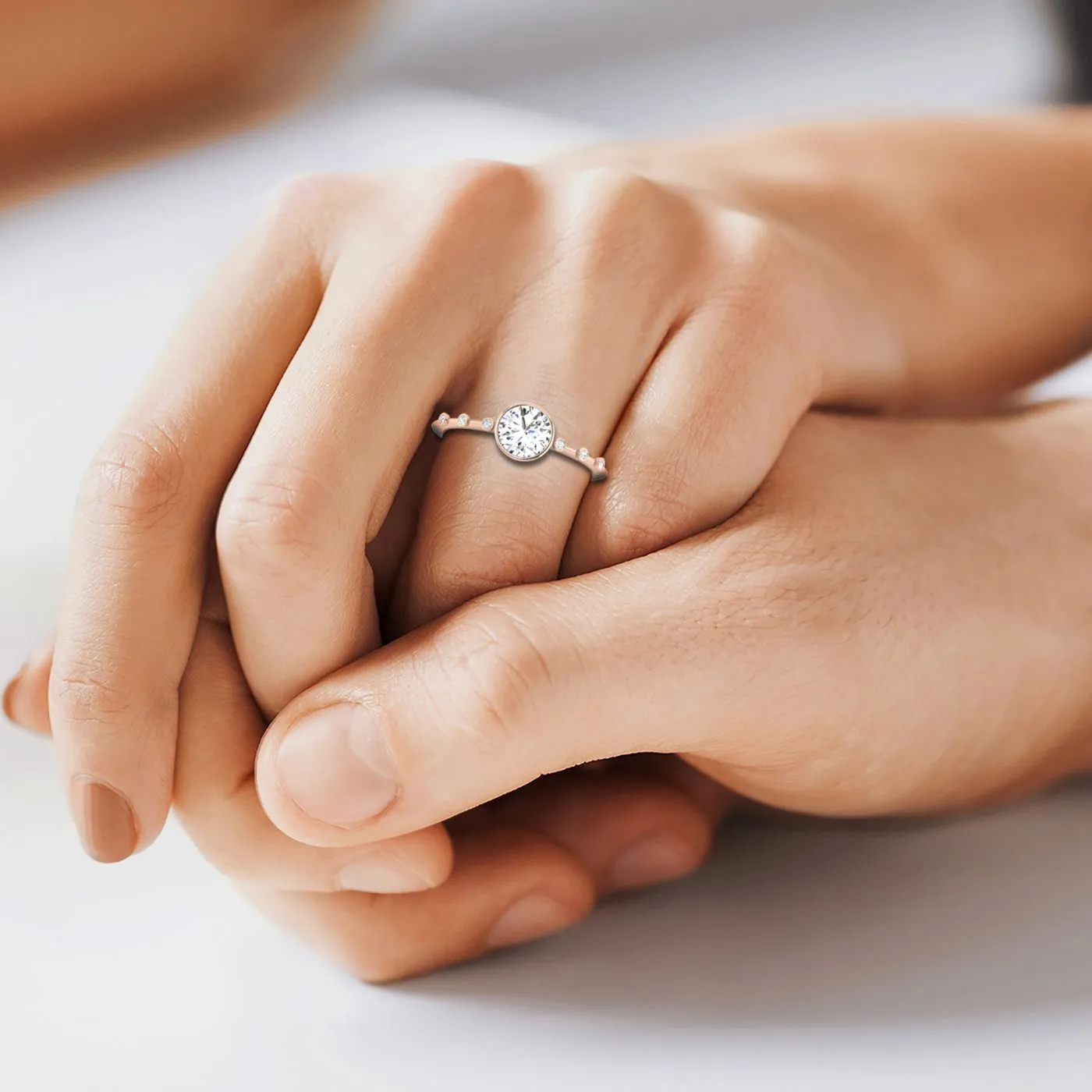 18ky Bezel Set Round Engagement Ring With 6 Bezel Set Round Diamonds On Shank