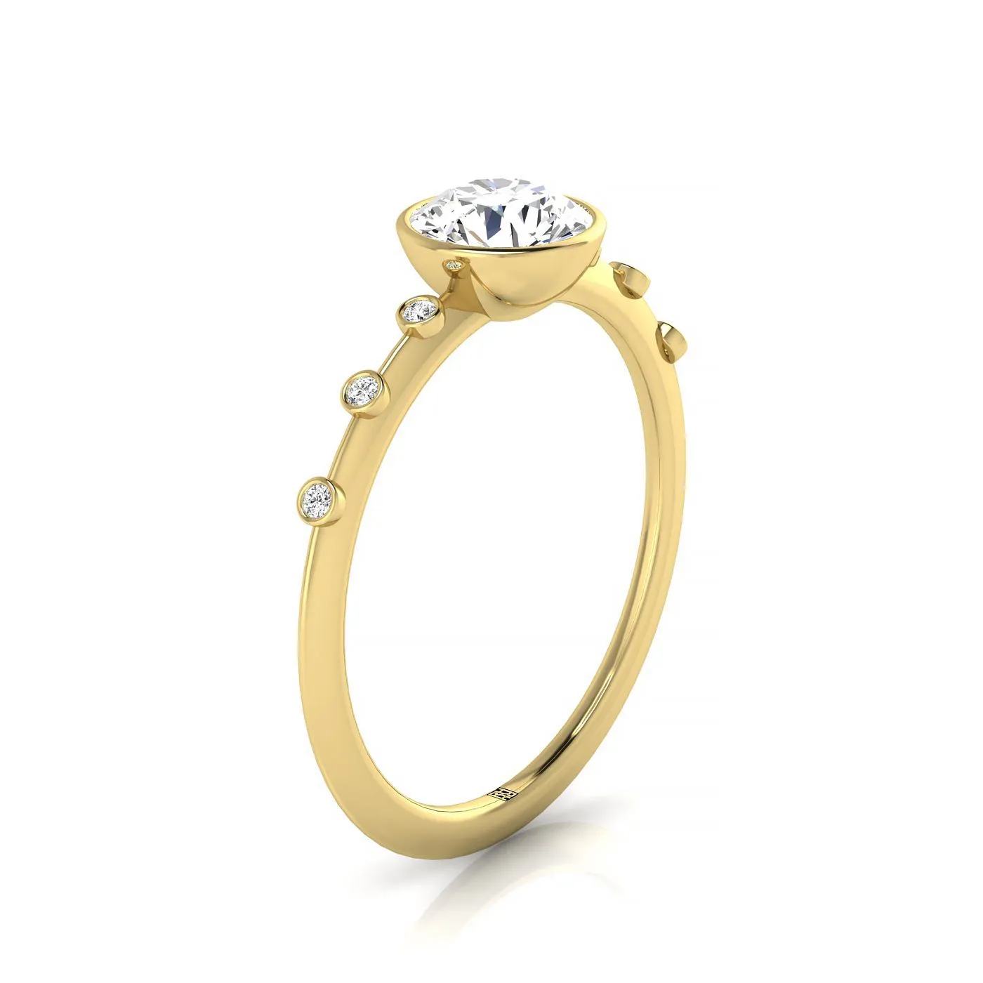 18ky Bezel Set Round Engagement Ring With 6 Bezel Set Round Diamonds On Shank