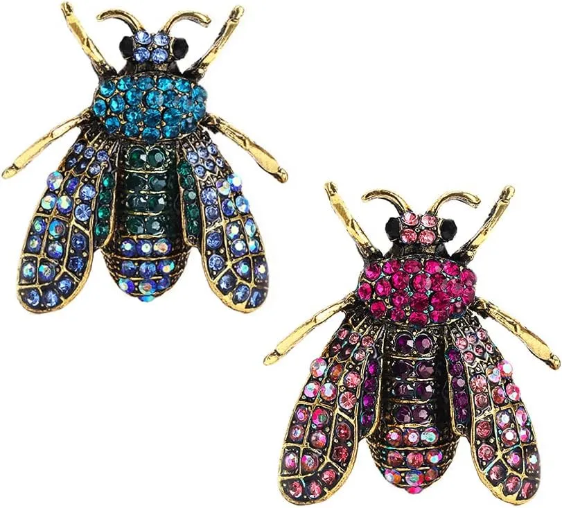 2 PCS Blue Bee Metal Brooch Insect Rhinestone Brooches For Women Pins Scarf Clip Jewelry Broach Bouquet