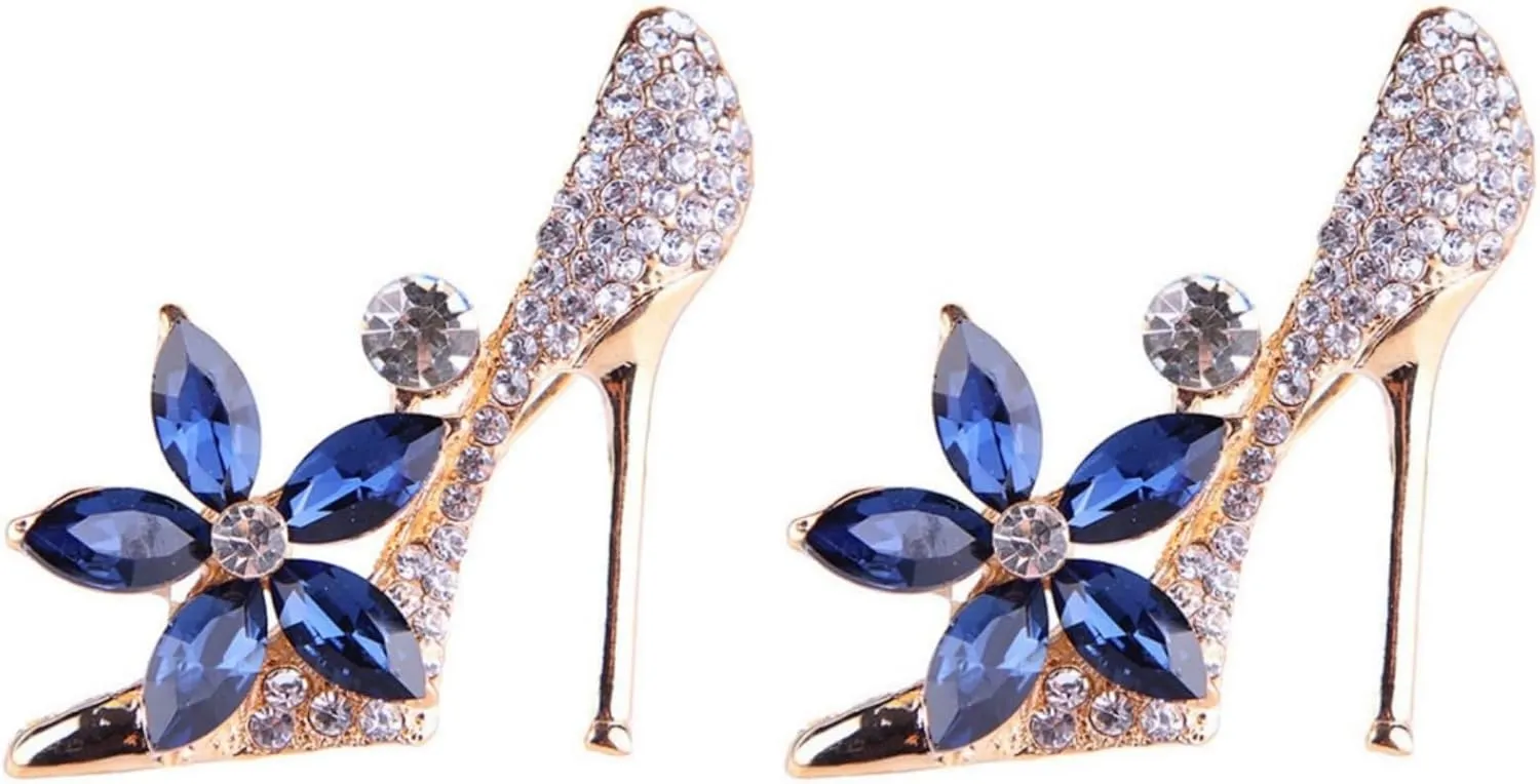 2Pcs Crystal Shoes Brooch Pins Jewelry Gift for Women Lady Gold Plated Cubic Austrian Crystal Flower Fashion High-Heel Shoes Brooch Pins Jewelry Gift