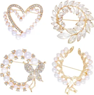 4Pcs Brooches for Women, Simulated Rhinestone Pearl Brooch Pins for Women Fashion Shawl Pin Clip Badge Corsage, Brooches and Pins for Women, Elegant Flower Brooch Wedding Broach Pin