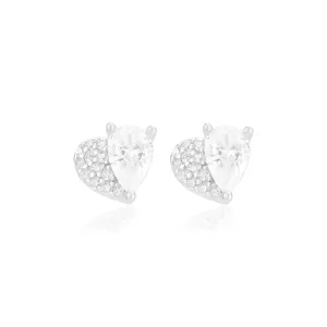925 Rhodium Sterling Silver Heart Shaped Dual Type Stoned Earrings For Women