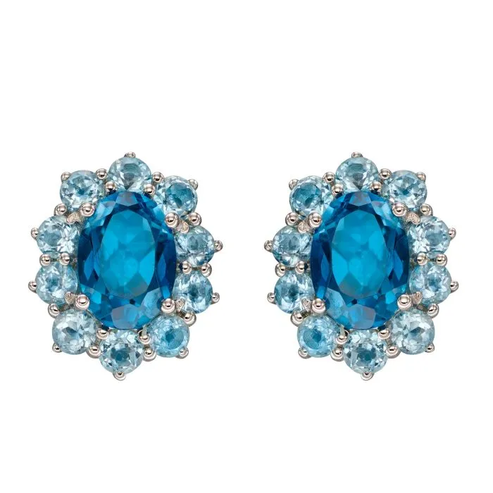 9ct White Gold Blue Topaz Cluster Stud Earrings GE2346T