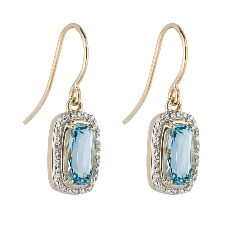 9ct Yellow Gold Sky Blue Topaz And Diamond Halo Drop Hook Earrings GE2416T