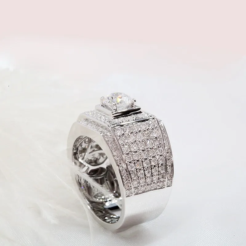 AEAW Luxurious Pave Moissanite Ring 14k White Gold 5mm 0.5ct Round Cut Brillant Lab Diamond Band For Men's Wedding Men's Jewelry