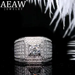 AEAW Luxurious Pave Moissanite Ring 14k White Gold 5mm 0.5ct Round Cut Brillant Lab Diamond Band For Men's Wedding Men's Jewelry