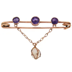 Amethyst & Pearl Set Bar Brooch