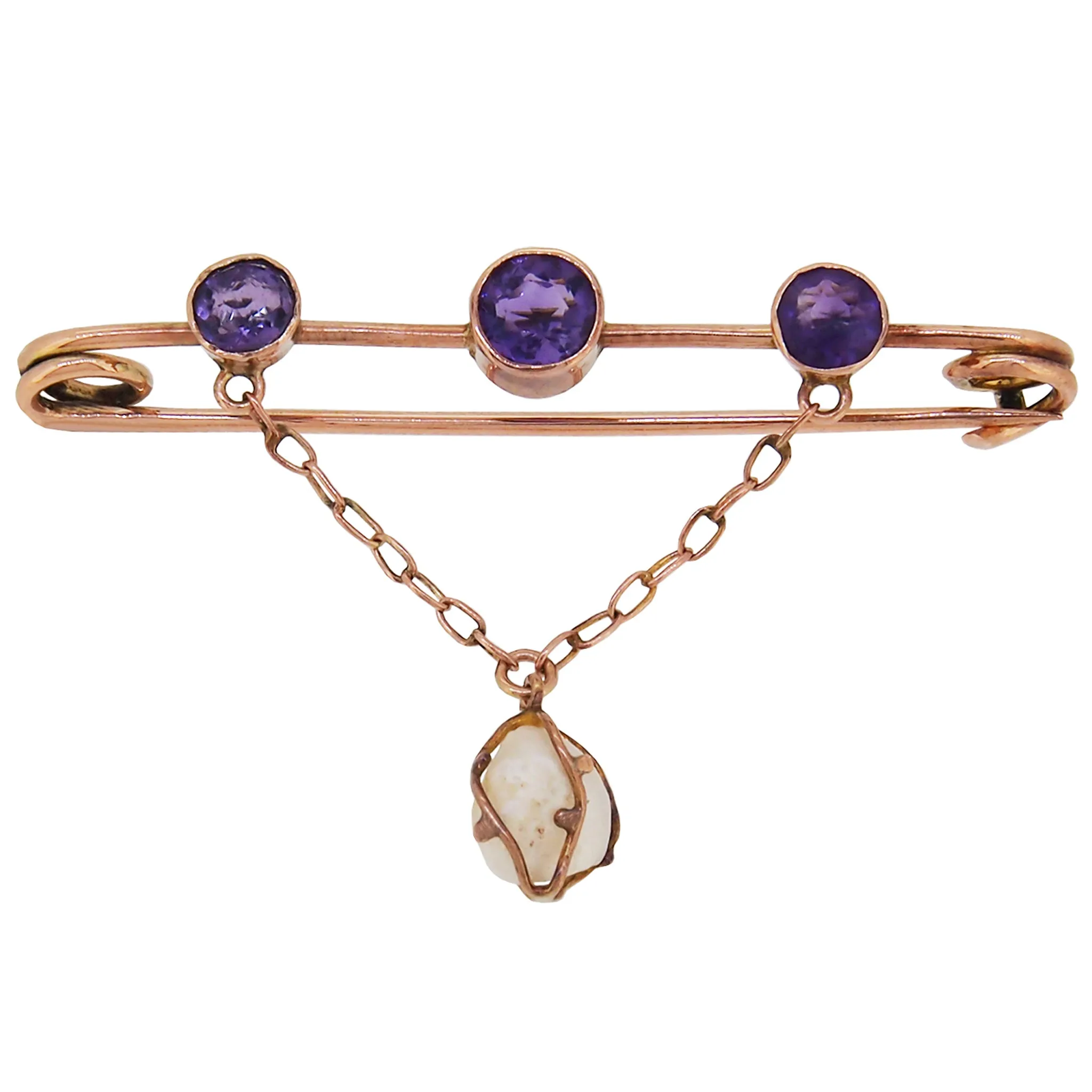 Amethyst & Pearl Set Bar Brooch