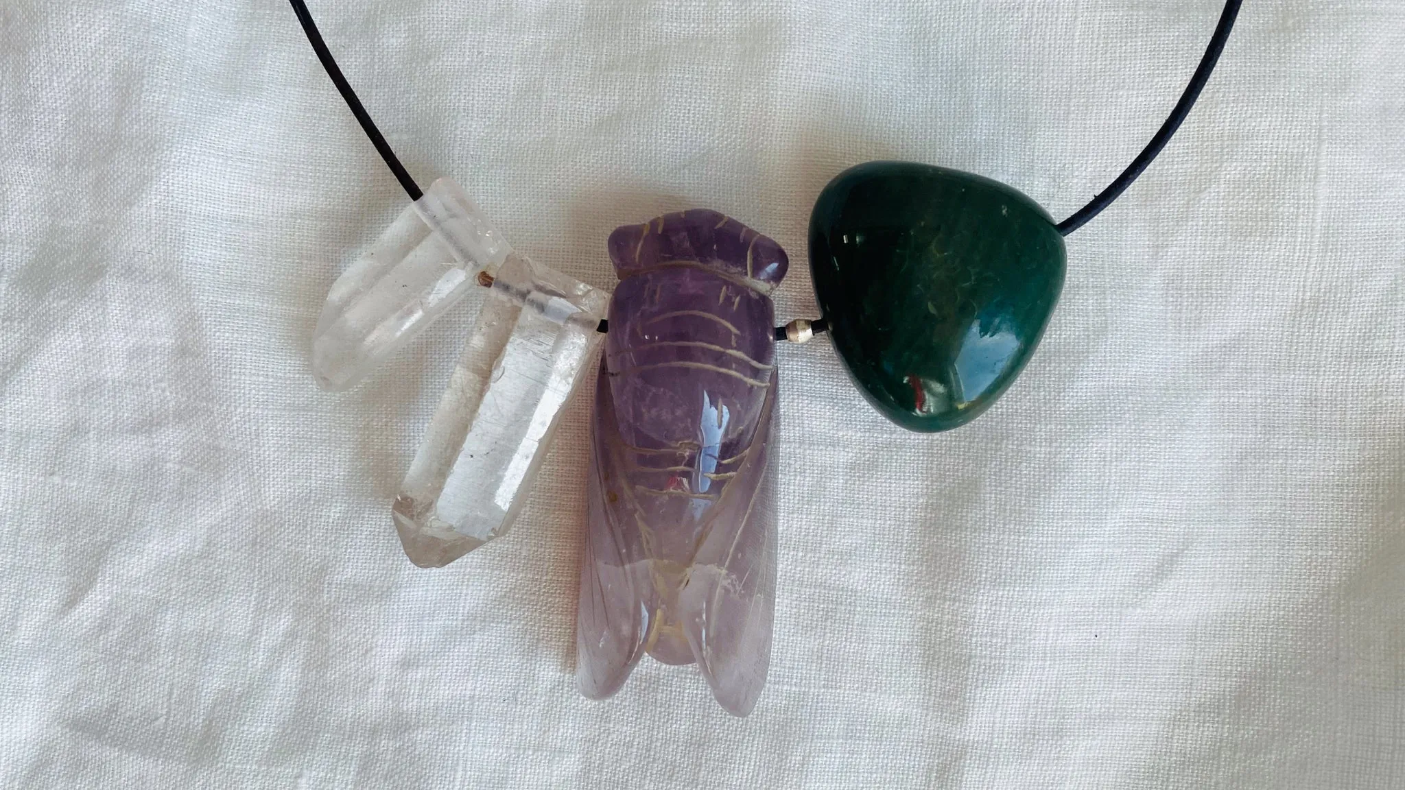 Amethyst Cicada, Quartz Crystal and Green Agate Pendant Necklace. Medicine Necklace
