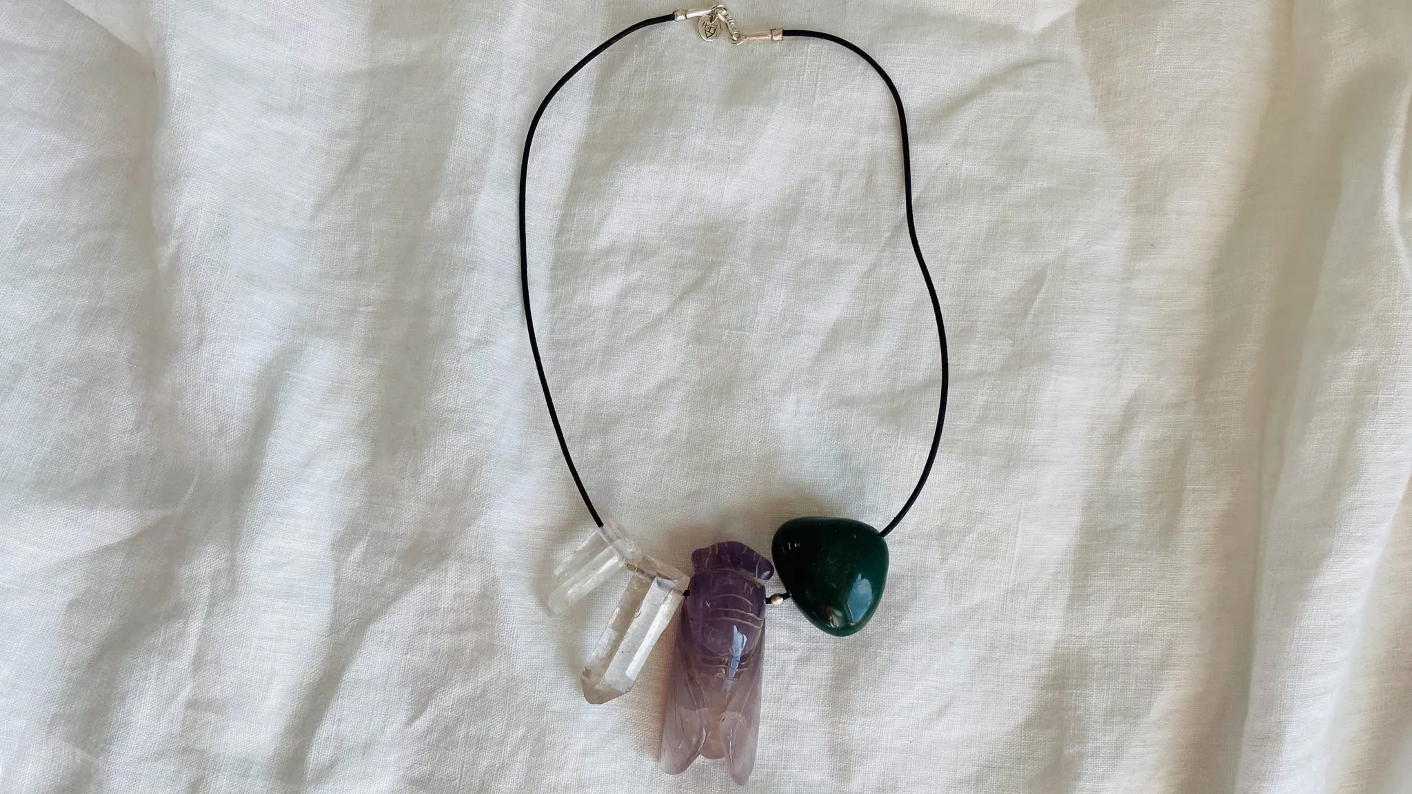 Amethyst Cicada, Quartz Crystal and Green Agate Pendant Necklace. Medicine Necklace