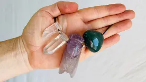Amethyst Cicada, Quartz Crystal and Green Agate Pendant Necklace. Medicine Necklace