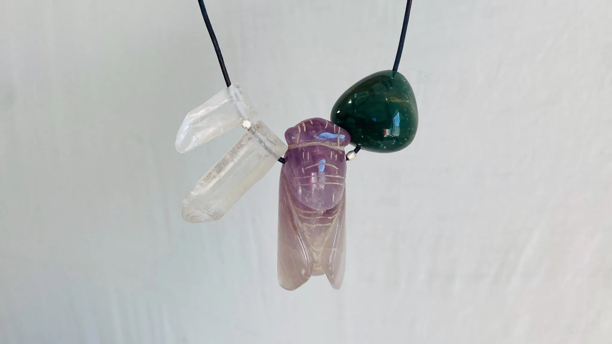 Amethyst Cicada, Quartz Crystal and Green Agate Pendant Necklace. Medicine Necklace