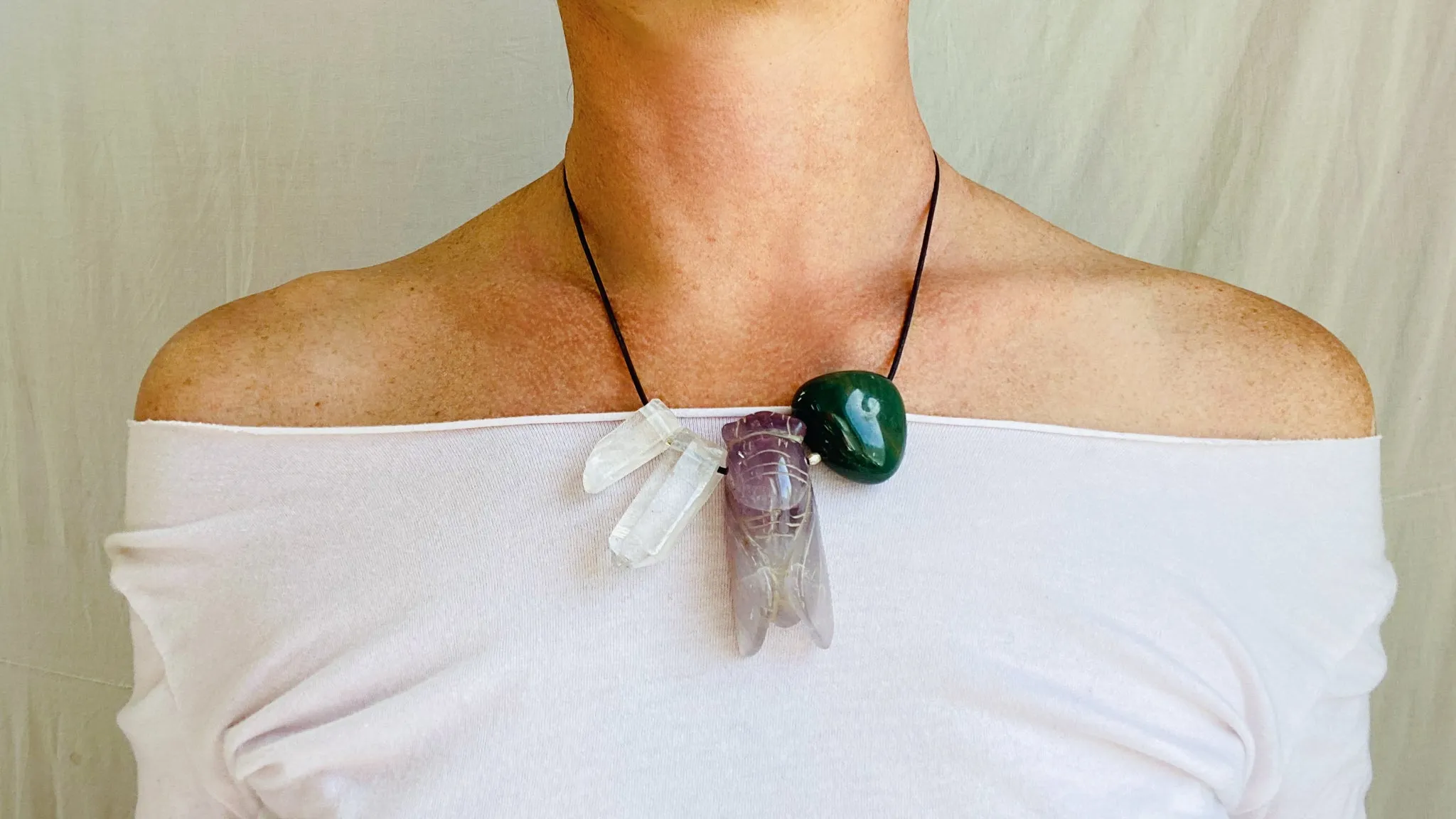 Amethyst Cicada, Quartz Crystal and Green Agate Pendant Necklace. Medicine Necklace