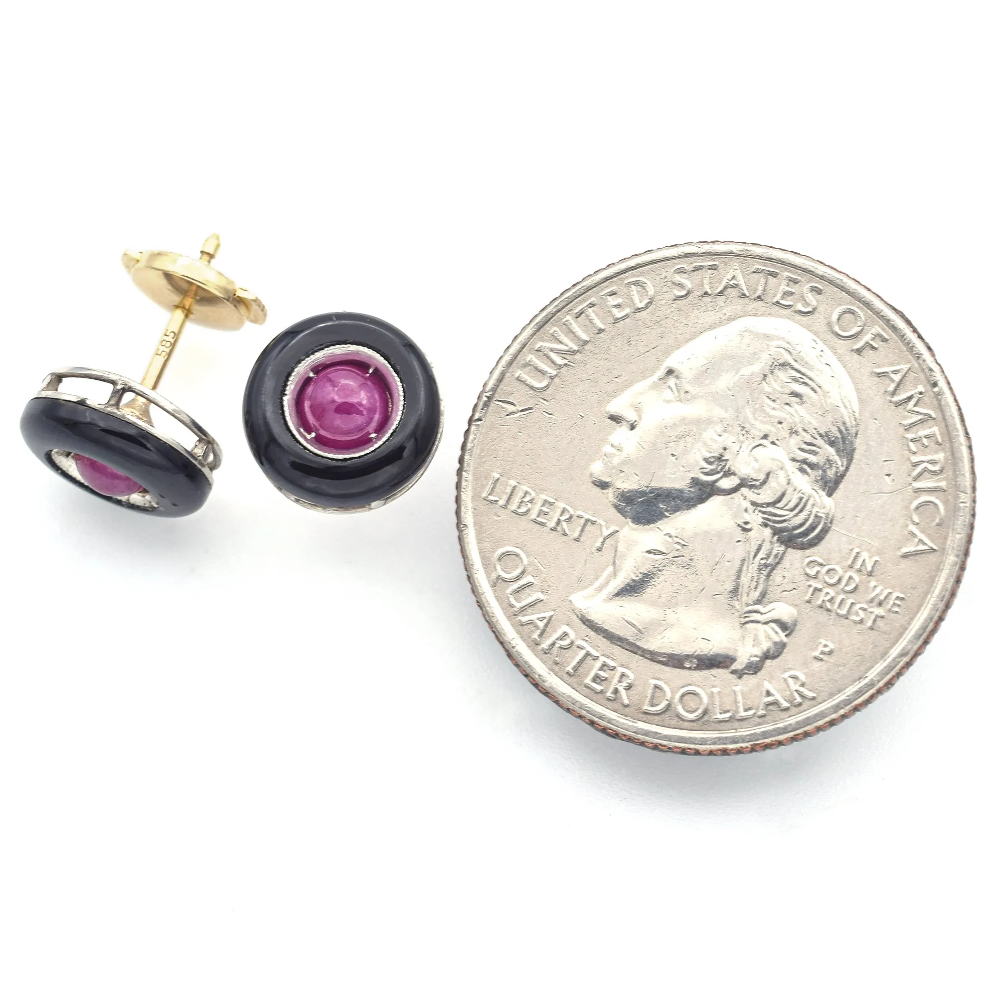Antique Platinum & 14K Yellow Gold Onyx & Ruby Stud Earrings 9.5 mm