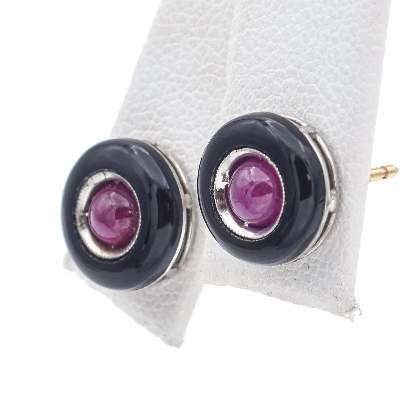 Antique Platinum & 14K Yellow Gold Onyx & Ruby Stud Earrings 9.5 mm