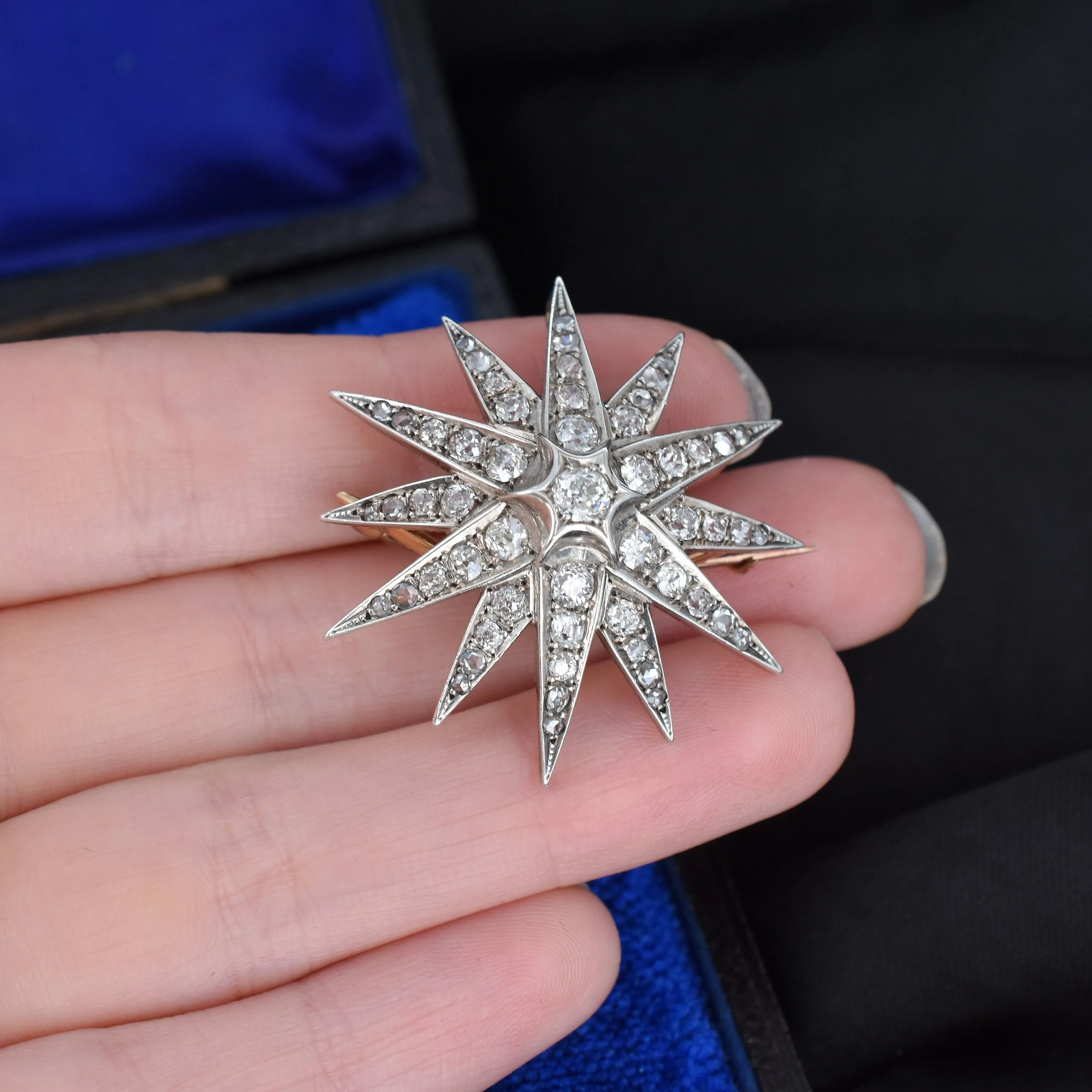 Antique Victorian Old Cut Diamond Gold and Silver Star Celestial Brooch Pin and Pendant