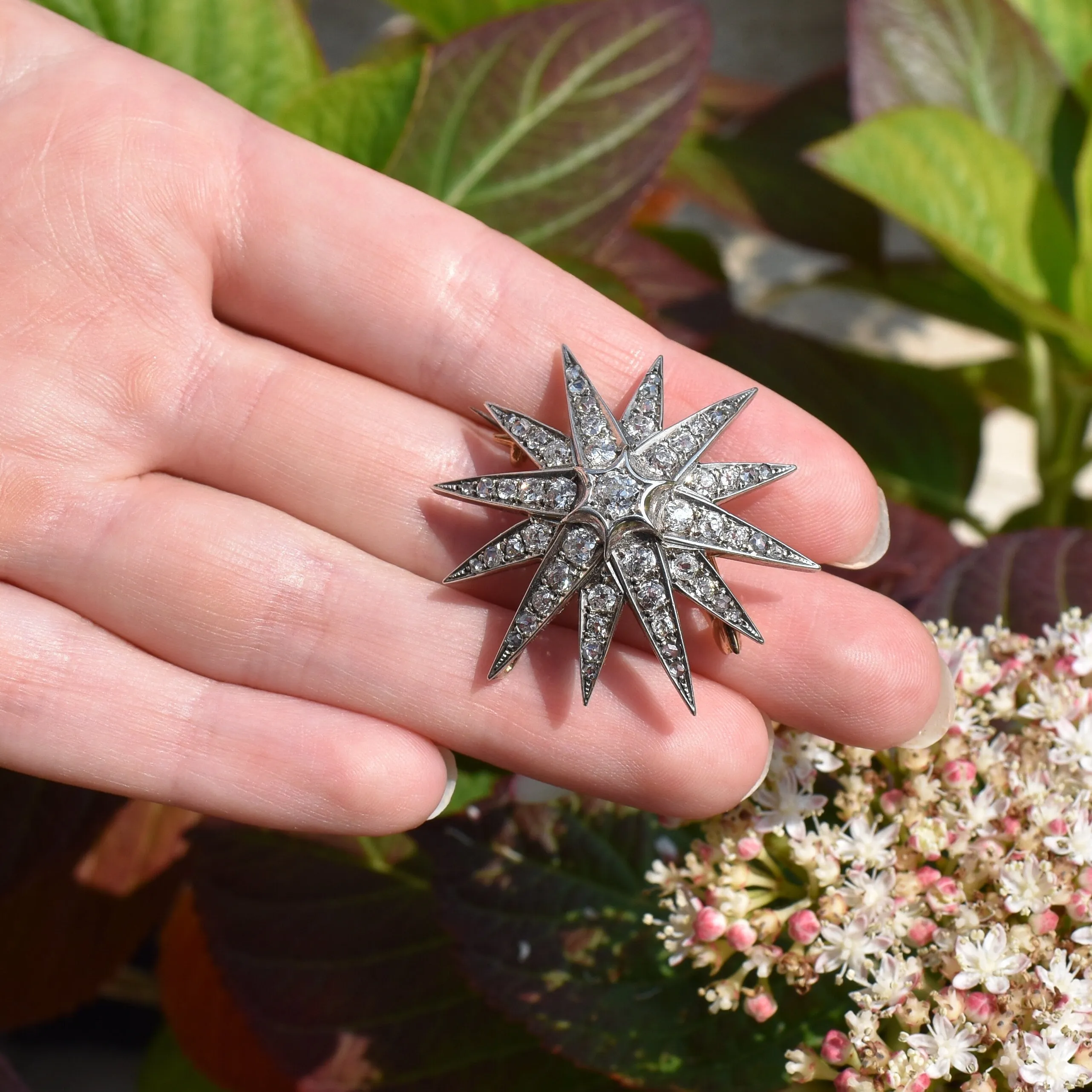 Antique Victorian Old Cut Diamond Gold and Silver Star Celestial Brooch Pin and Pendant
