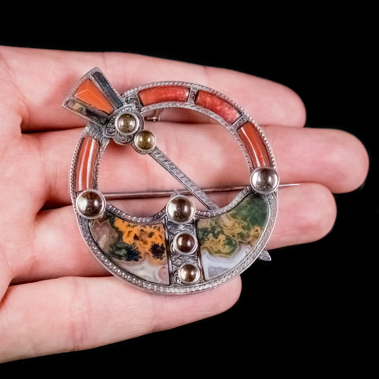 Antique Victorian Scottish Penannular Celtic Brooch Agate Citrine Silver Circa 1860