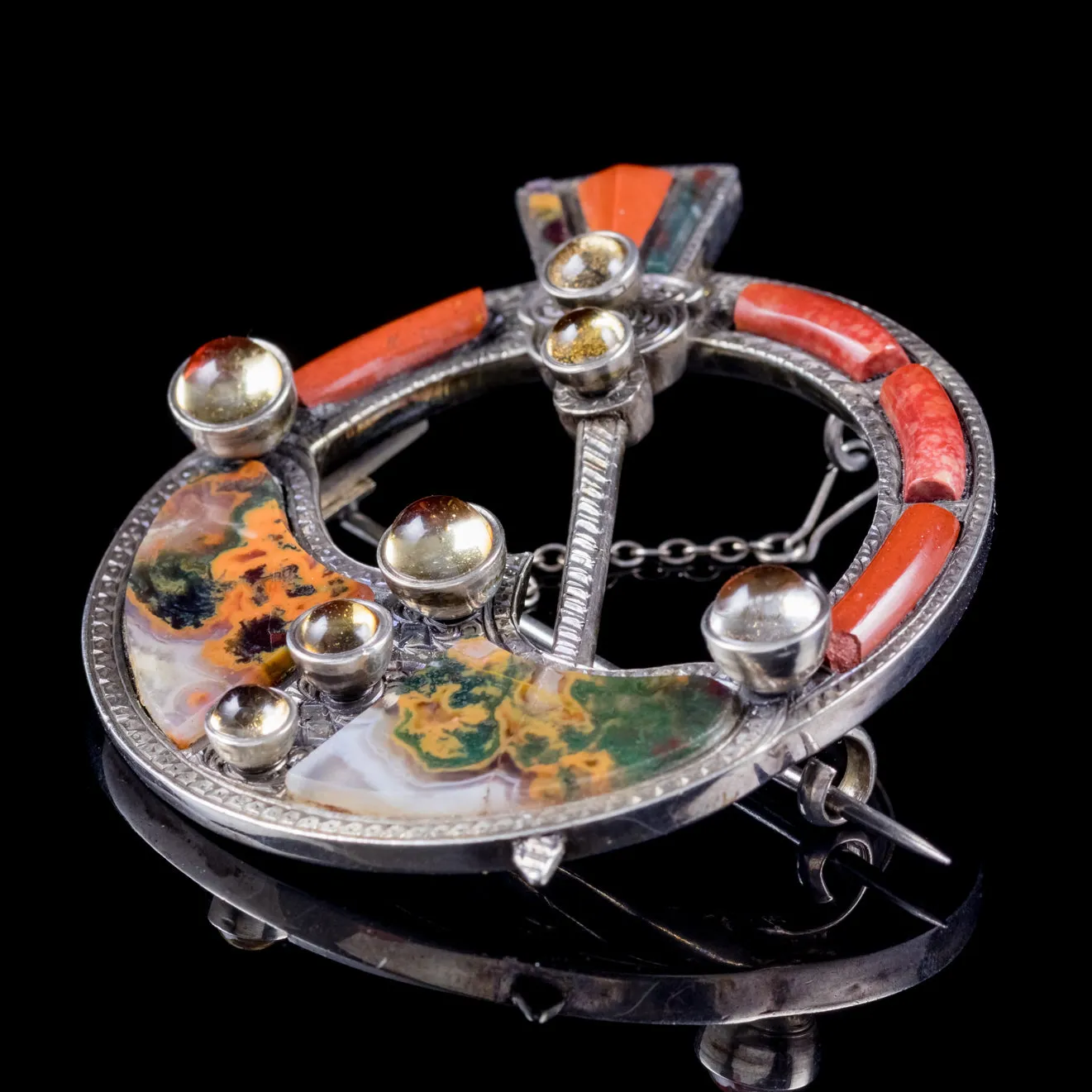 Antique Victorian Scottish Penannular Celtic Brooch Agate Citrine Silver Circa 1860