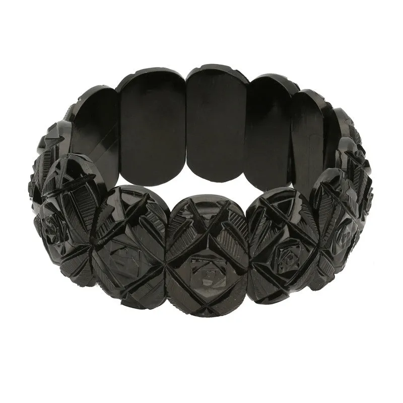 Antique Whitby Jet Thirteen Stone Carved Oval Bracelet D