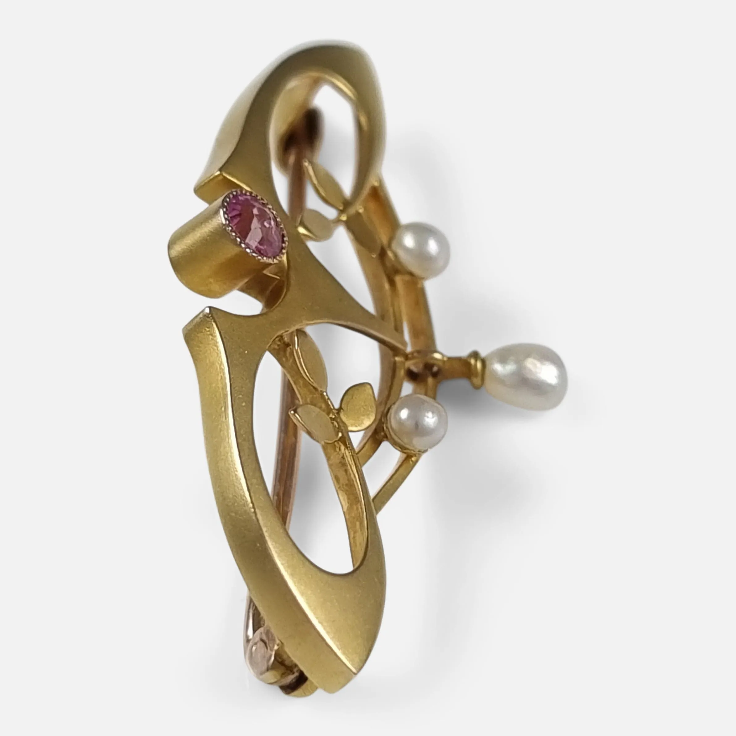 Art Nouveau 9ct Gold Tourmaline and Pearl Brooch