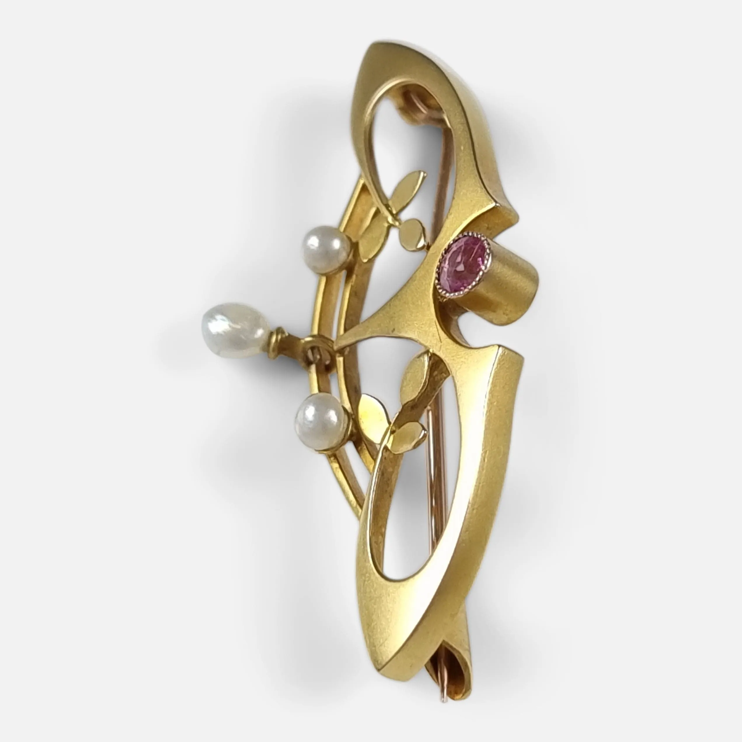 Art Nouveau 9ct Gold Tourmaline and Pearl Brooch