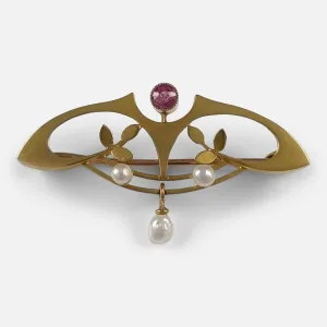 Art Nouveau 9ct Gold Tourmaline and Pearl Brooch